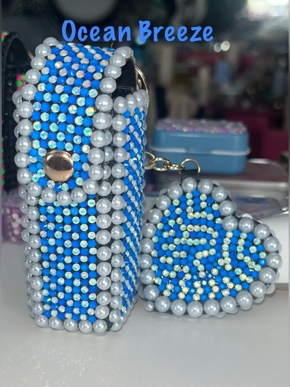 Hand Crafted Ocean Breeze Crystal Lipstick Case and Mirror Keychain
